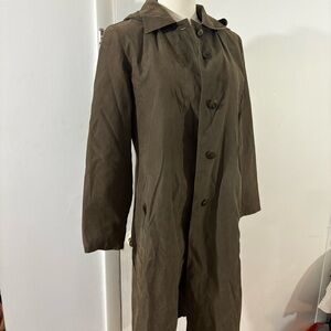 Bill Blass Green Trench Coat Removable Hood / Wool Lining Button Women’s Sz 4